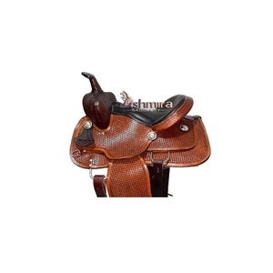 อานม้าหนังแท้สีน้ำตาล ASHMIRA EQUESTRIAN รุ่น Basket Wave ตกแต่งลายด้วยมือ สำหรับขี่แบบ Western Barrel Roping พร้อมเบาะนั่งนุ่มสีดำ เหมาะสำหรับขี่ม้าแบบ Trail Pleasure - Product Image 2