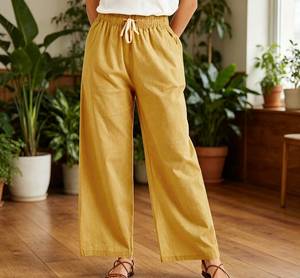 Women's Lightweight Cotton <b>Linen</b> Full Length Straight <b>Pants</b> Classic Casual High Waist <b>Drawstring</b> Closure Anti-Wrinkle Breathable - Product Image 1