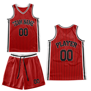 Ensemble uniforme de basket-ball rétro personnalisé à rayures rouges, maillot et short avec bordure blanche et noire, design rétro avec nom et numéro de l'équipe - Product Image 2