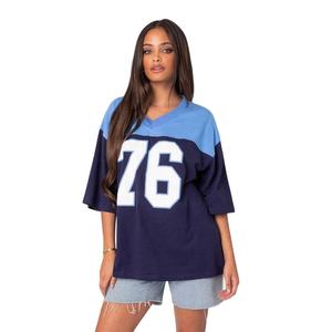 Womens Casual Colorblock V-Neck Oversized Jersey T-Shirt Printed Graphic <b>Top</b> Ladies New Lightweight American Football Jersey - Product Image 1