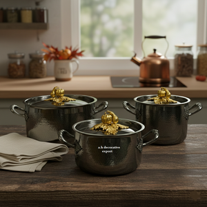 Casseroles en acier inoxydable martelé couleur bronze, design européen, écologiques, avec boutons de couvercle dorés en forme de citrouille, pour la restauration et la décoration intérieure - Product Image 1