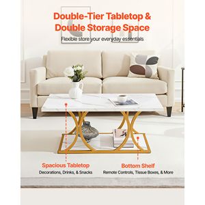 Tavolino da Caffè Moderno ed Elegante a 2 Livelli, Rettangolare in Finto Marmo con Gambe Geometriche in Metallo, Grande e Robusto - Product Image 4