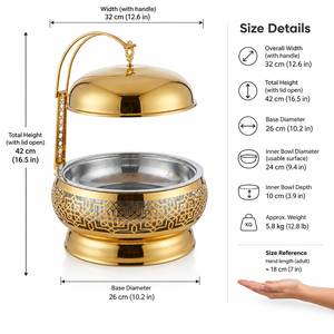 Plat à chafing rond doré avec base géométrique en étoile et couvercle en dôme suspendu – Chauffe-plat de luxe pour buffet et service traiteur - Product Image 5