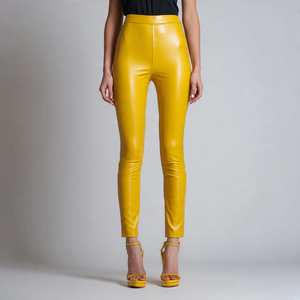 Leggings de Cintura Alta de Piel Sintética PU Transpirables y Antibacterianos para Mujer, Color Amarillo Brillante, Ropa Exterior, 180g - Product Image 2