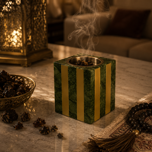Brûleur d'encens de luxe en résine à motif rayé avec incrustation d'os et coupelle en laiton, pour Bakhoor islamique, décoration arabe pour Ramadan et l'Aïd, cadeau - Product Image 2