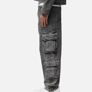 กางเกงยีนส์ฮิปฮอปทรงหลวมสไตล์วินเทจสำหรับผู้ชาย OEM แบบ Stonewash  มีกระเป๋าหลายช่อง สไตล์คาร์โก้ ผ้ายีนส์ฟอกสี กางเกงดีไซน์เนอร์สั่งทำพิเศษ - Product Image 3