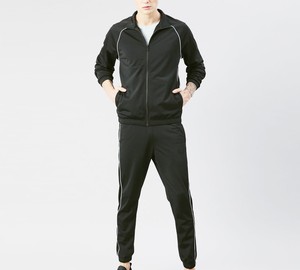 Ensemble de survêtement noir pour homme, manches longues, fermeture éclair, couleur unie, col montant, style sportif, respirant, coupe régulière, pour l'automne - Product Image 1
