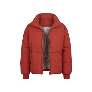 Red Quilted Jacket Full Sleeve Stand Collar Zipper Closure Winter Thick Polyester Wadding Short Length Women's Coat - Product Image 1