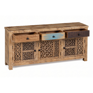 Indian Solid Wood Traditional Handmade Dining Room <b>Sideboard</b> with Carved Doors and 3 Drawers for <b>Storage</b> - Product Image 3