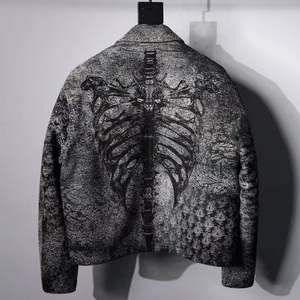 Men's <b>Gothic</b> Printed Wool Blend Bomber <b>Jacket</b> With Skeleton Pattern Zip Front Turn-down Collar Regular Fit Autumn Wear - Product Image 5