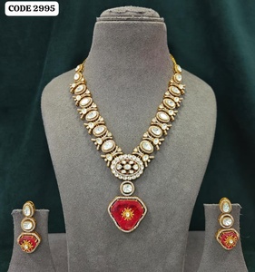 Luxury Kundan <b>Necklace</b> Set with <b>Ruby</b> Pendant, CZ Stones, Bridal Wedding Jewellery, Party Wear, Earrings for Women Indian Set - Product Image 1