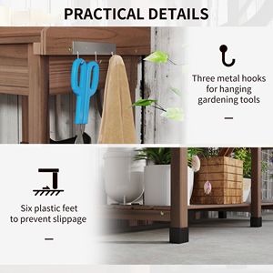 Dark Brown Wooden Potting Bench Table Removable Sink Faucet Drawer Outdoor Garden Work Station Featuring Iron <b>Shelves</b> <b>Hooks</b> Mall - Product Image 6