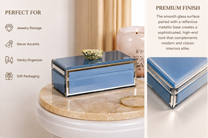 Royal <b>Blue</b> Glass Jewelry Storage Box with Gold Accent Natural Stone Knob Beveled Edges Glossy Finish Decorative Keepsake - Product Image 5