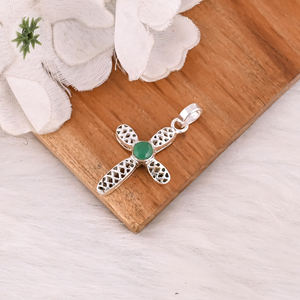 925 Solid Sterling Silver Green Onyx <b>Cross</b> <b>Charm</b> Pendant Fine Jewelry Trendy Women's Wedding Pendant - Product Image 4