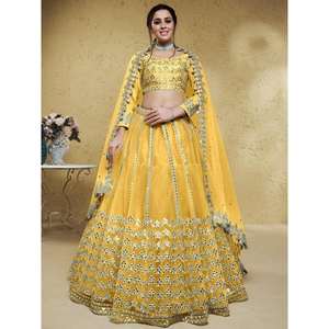 Lehenga Choli semi-cousu en tissu jaune éblouissant, élégant, en filet, pour les occasions spéciales, décorations de fête, vêtements Zeel - Product Image 1