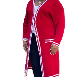 Red White Long <b>Duster</b> Cardigan Winter Wool/Cashmere for Sorority Knit Sweater Open Front V Neck Classic Contrast - Product Image 3