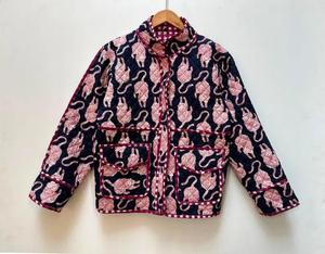 Handmade Leopard Print Quilted Eco-Friendly Reversible Floral Bomber <b>Jacket</b> Cotton Winter - Product Image 1