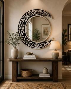 Miroir mural en forme de lune avec incrustation d'os fait main, design floral noir et blanc, cadre en bois décoratif pour la décoration de la maison - Product Image 4
