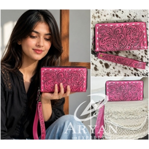 Cartera de Cuero Genuino con Cierre de Cremallera y Correa para la Muñeca, Estilo Occidental, Hecha a Mano, con Ranuras para Tarjetas y Bolsillo para Monedas - Product Image 1
