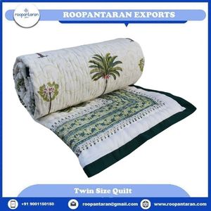 Couette en coton imprimée à la main, taille double, motif palmier, style bohème, réversible, bordure verte, prix de gros - Product Image 2