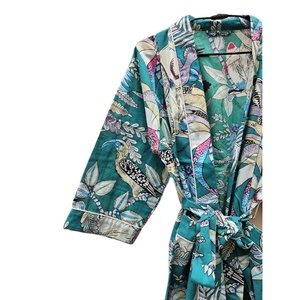 Peignoir Kimono en Voile de Coton 100% Élégant Femme Vert Imprimé Floral Décontracté Eté Vêtements de Plage Beige Taille Élastique Thermique Lisse - Product Image 2