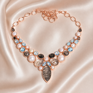 Natural Black Rutilated Quartz & Pearl and Blue Topaz <b>Statement</b> <b>Necklace</b> 925 Silver Rose Gold Yellow Gold Plated Jewelry Women - Product Image 6