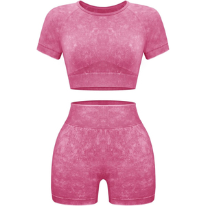 Conjunto de Yoga de Dos Piezas, Top Corto con Cuello Redondo y Pantalones Cortos de Cintura Alta, Color Rosa Sólido, Spandex y Poliéster, Ropa Deportiva que Absorbe el Sudor - Product Image 1