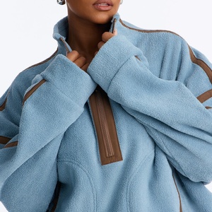Oferta Especial: Sudadera de Forro Polar Azul para Mujer con Cierre de Cremallera de un Cuarto, Cuello Alto, Bloques de Color, Hombros Caídos, Manga Larga y Antiarrugas - Product Image 4