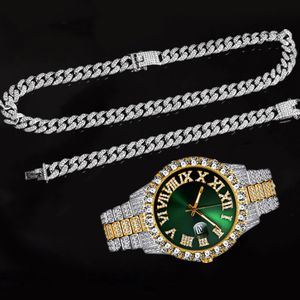 Conjunto de Reloj 9754 con Cadena Cubana, Pulsera, Collar y Gargantilla, Joyería Brillante para Hombre, Cadenas Grandes de Oro Brillante - Product Image 4