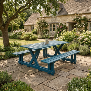 Ensemble de table de pique-nique en bois bleu, meubles de jardin peints, sièges de patio extérieur - Product Image 1