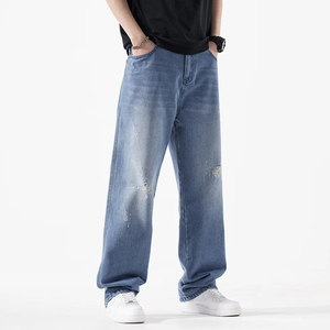 กางเกงยีนส์ทรงแบ็กกี้ผ้าเดนิมคุณภาพสูง 100% คอตตอน 14 ออนซ์ สำหรับผู้ชาย รับผลิตแบบ OEM ตกแต่งด้วยผ้าปะติด ล้างสีแบบแอซิด ทรงตรงหลวม สไตล์ฮิปฮอป สำหรับฤดูใบไม้ร่วง - Product Image 4