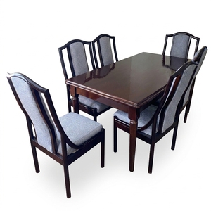 Ensemble de table à manger en teck massif avec 6 chaises à dossier haut rembourrées, en acajou foncé, rectangulaire, classique, suite de salle à manger formelle - Product Image 1
