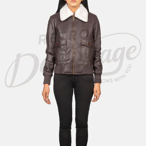 Chaqueta Bomber de Cuero Genuino Marrón Borgoña para Mujer, con Cuello de Piel Sintética Blanca, Corte Ajustado, Piel de Oveja Premium, Chaqueta de Piloto para Invierno - Product Image 4