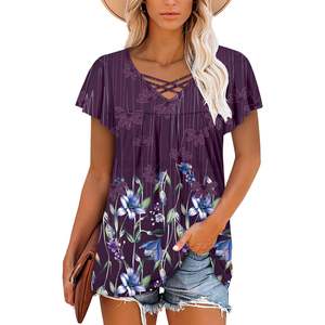 2025 femmes grande taille XL et 3XL à manches courtes col en V haut tunique avec dentelle décoration Royal violet chemisier décontracté - Product Image 3