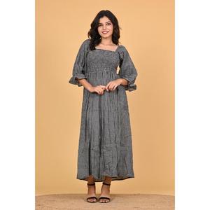 Vestido Maxi de Algodón con Estampado de Cuadros Negros, Vestido de Verano Bohemio de Manga Larga para Mujer - Product Image 1