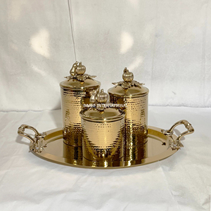 New Designer Gold Metal Canister Set with Hammered Effect Airtight Spice & Dry Food Storage <b>Boxes</b> Pumpkin Lids <b>Matching</b> Tray - Product Image 1