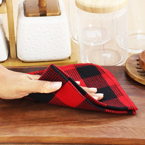 100% algodón Ultra suave Waffle Plaid toallas de plato de secado rápido 12X12 pulgadas Rojo Negro técnica tejida a cuadros para uso en la cocina - Product Image 2