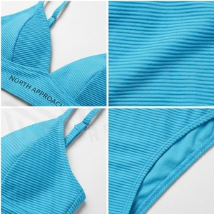 North Approach Women's <b>Blue</b> Ribbed <b>Bikini</b> <b>Set</b> Deep V Neck Triangle Top Hipster Bottoms Solid Color Stretch Swimwear - Product Image 4