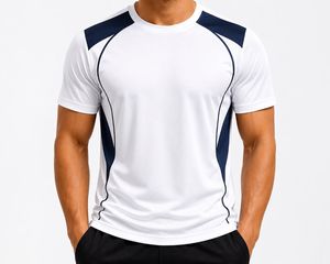 Camiseta Deportiva Casual de Manga Corta Blanca para Hombre, Diseño de Bloques de Color Azul Marino, Secado Rápido, Corte Regular, Cuello Redondo, Tejido de Punto con Spandex - Product Image 1