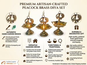 Ensemble de lampes à huile en laiton de qualité supérieure - Design paon artisanal pour Puja, décoration de mariage, Deepavali et souvenirs traditionnels indiens - Product Image 3