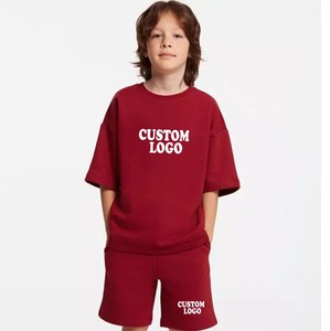 2026 Boys Custom Logo Cotton Short Sleeve T-Shirt and Shorts Set Crew Neck Loose <b>Fit</b> Casual Wear Summer Set with Side Pockets - Product Image 1