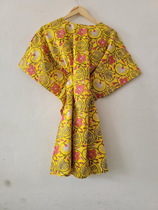 Kimono de Algodón Hecho a Mano para Mujer, Amarillo con Estampado Floral, Estilo Bohemio, Casual, Ecológico, Cintura Alta, Ropa de Resort, Midi - Product Image 2