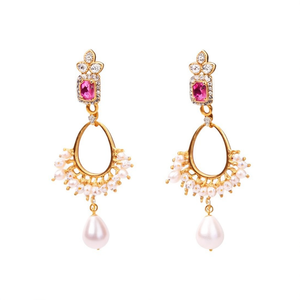 18K Gold Plated Pearl and Zircon Charm Hoop Drop Earrings for Women - Product Image 1