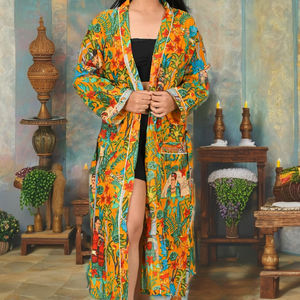 Albornoz de algodón indio elegante con cuello en V, kimono floral multicolor, ropa de dormir bohemia hecha a mano, bata de verano con cordón, venta al por mayor - Product Image 3