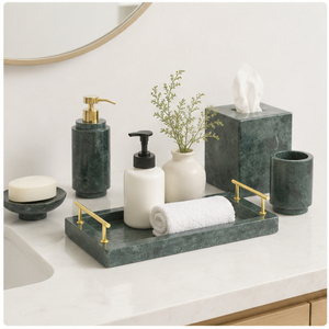 Ensemble d'accessoires de salle de bain en marbre vert naturel luxueux, 7 pièces, distributeur de savon, plateau et boîte à mouchoirs pour la décoration moderne des hôtels et des maisons - Product Image 6