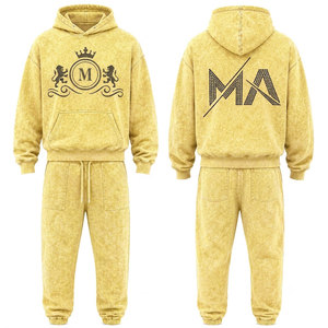 Conjunto Deportivo para Hombre, Amarillo, Lavado Ácido, 100% Algodón, 480 gsm, Alta Calidad, con Pedrería, Pantalones Largos con Cordón Ajustable, Ropa Casual - Product Image 1