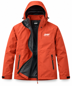 <b>Men</b>’s Orange Hooded <b>Rain</b> <b>Jacket</b> <b>Lightweight</b> Outdoor Shell Windbreaker with Mesh Lining Zip Pockets Adjustable Cuffs Custom OEM - Product Image 1
