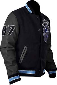Blouson universitaire noir et crème pour homme avec patch casque de lion imprimé par transfert thermique, col rabattable, simple boutonnage, pour l'automne - Product Image 4