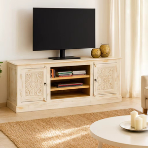 Elegante Mueble para TV Monroe, Moderno Soporte para TV de Madera de Mango, Mueble de Entretenimiento de Madera Sólida, Mueble para TV Hecho a Mano Extensible para Sala de Estar - Product Image 1