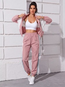 Women's Solid Lightweight Breathable Hooded Windbreaker Tracksuit Two-Piece <b>Set</b> | Cut <b>Sew</b> Panel Zipper Jacket Elastic Waist - Product Image 3